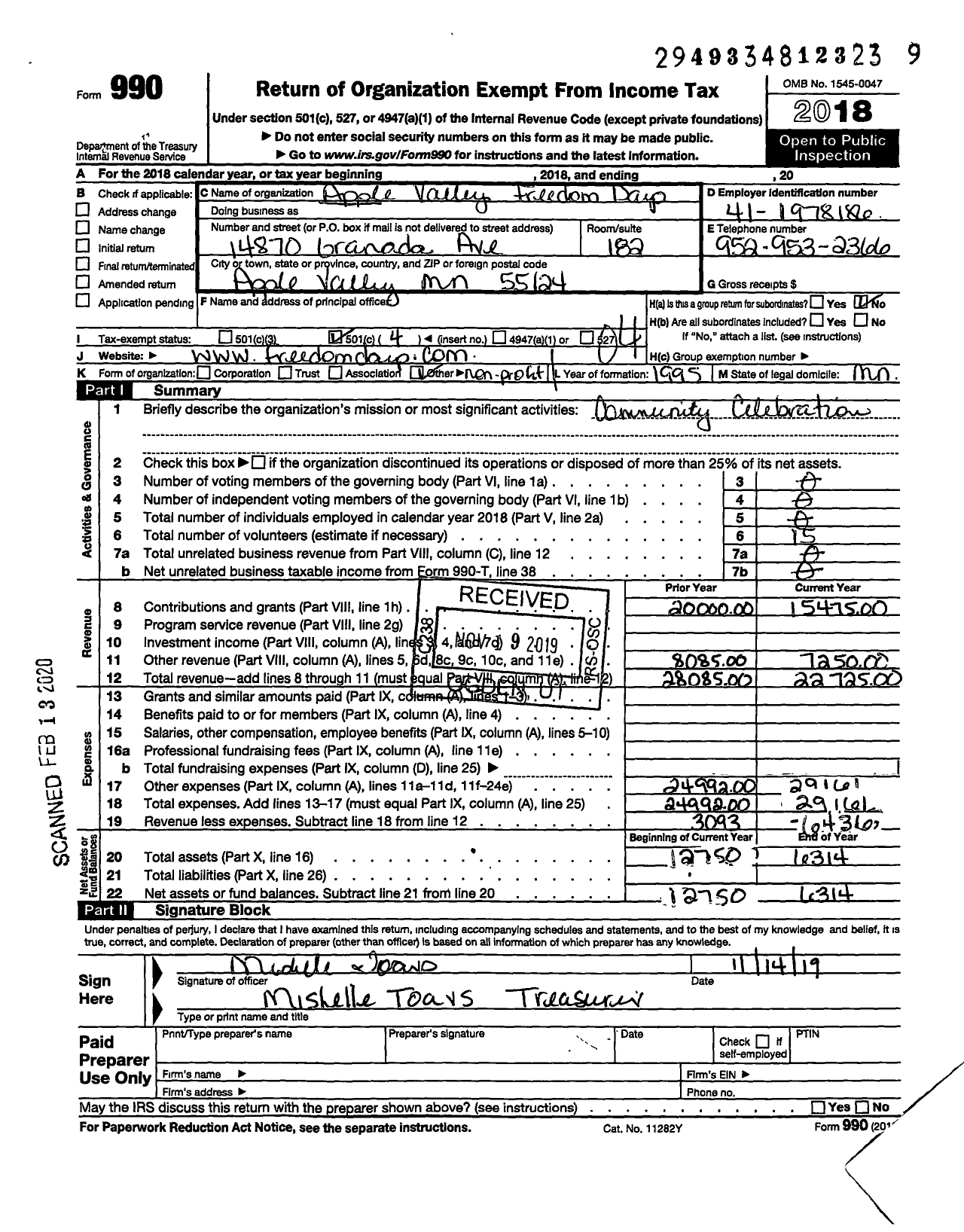 Image of first page of 2018 Form 990O for Apple Valley Freedom Days