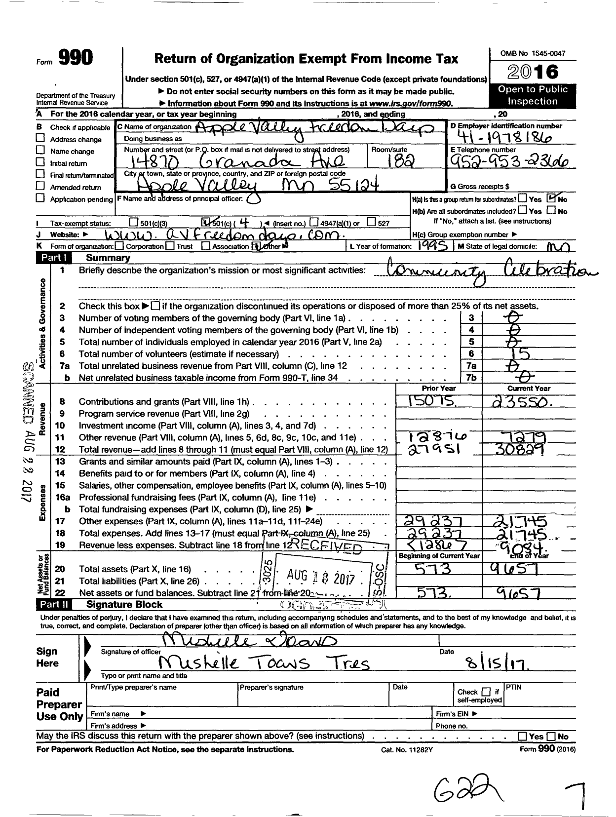 Image of first page of 2016 Form 990O for Apple Valley Freedom Days