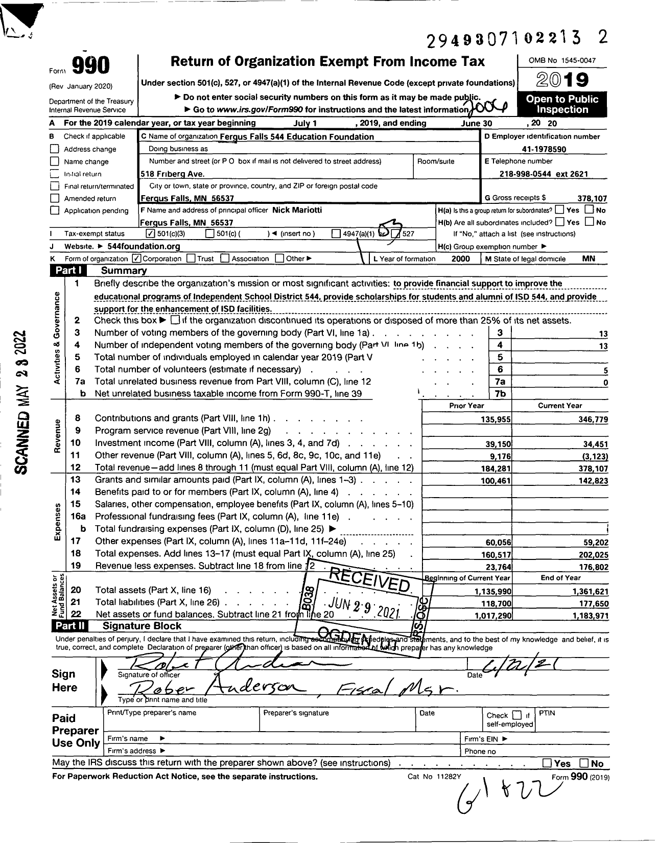 Image of first page of 2019 Form 990 for Fergus Falls 544 Education Foundation