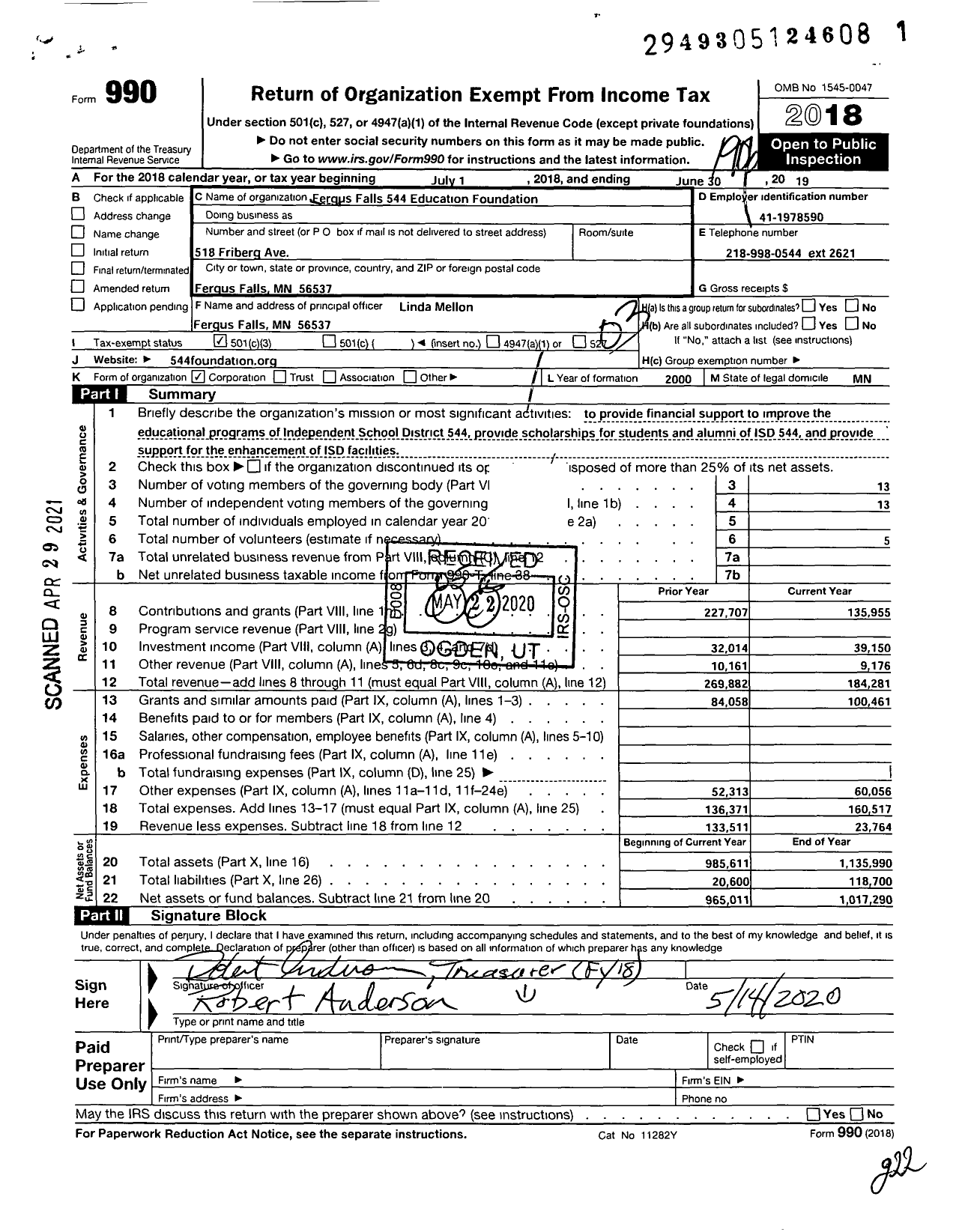 Image of first page of 2018 Form 990 for Fergus Falls 544 Education Foundation