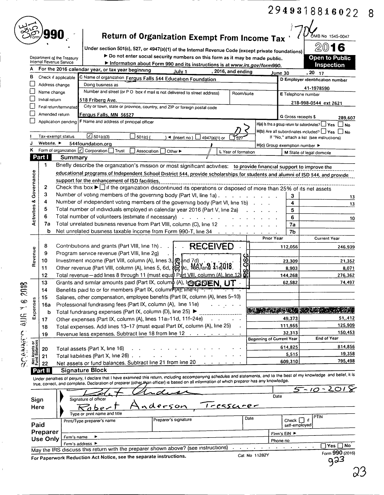 Image of first page of 2016 Form 990 for Fergus Falls 544 Education Foundation