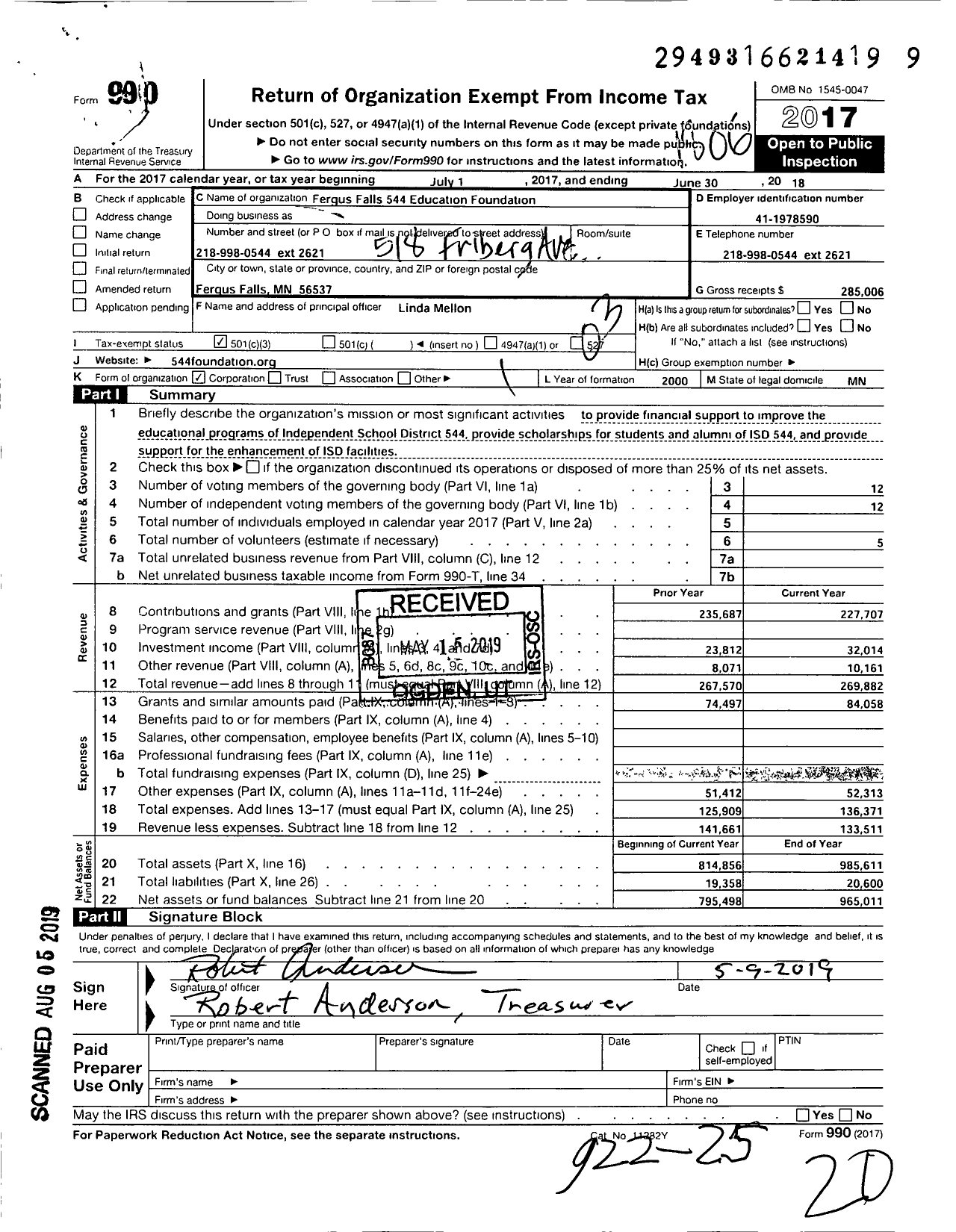 Image of first page of 2017 Form 990 for Fergus Falls 544 Education Foundation