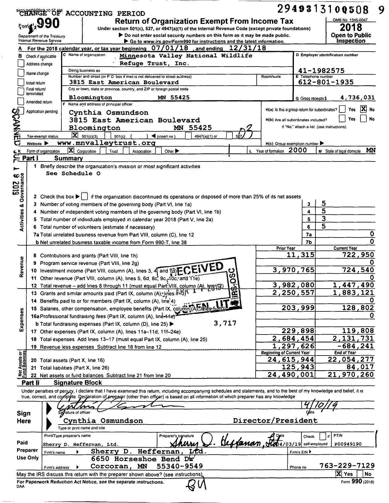 Image of first page of 2018 Form 990 for Minnesota Valley National Wildlife Refuge Trust