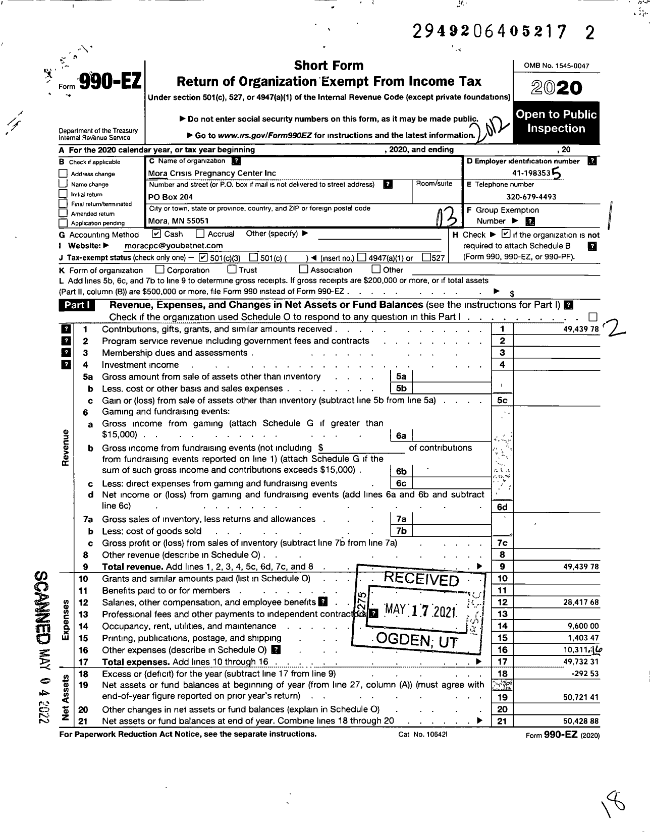 Image of first page of 2020 Form 990EZ for Mora Crisis Pregnancy Center