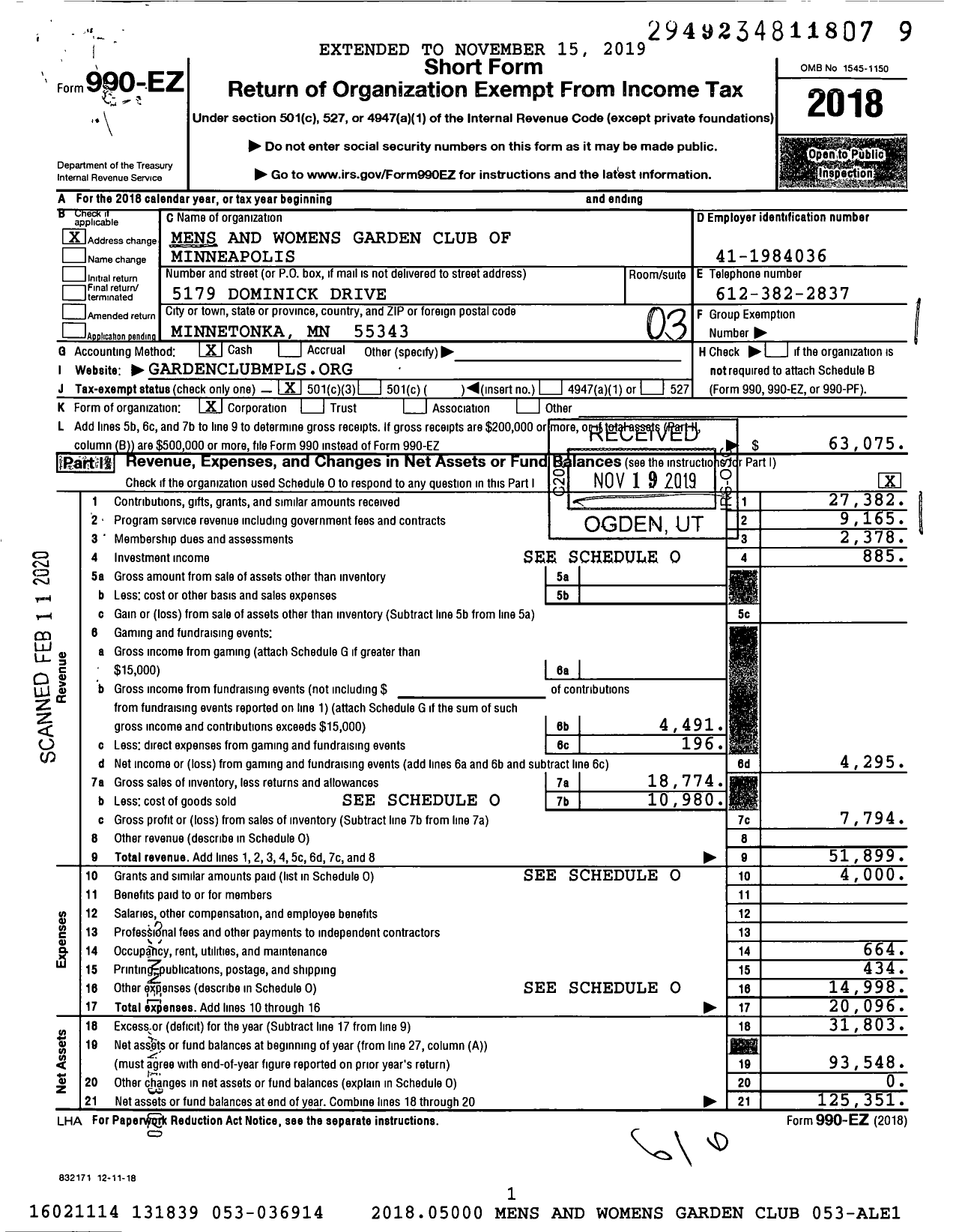 Image of first page of 2018 Form 990EZ for Garden Club of Minneapolis