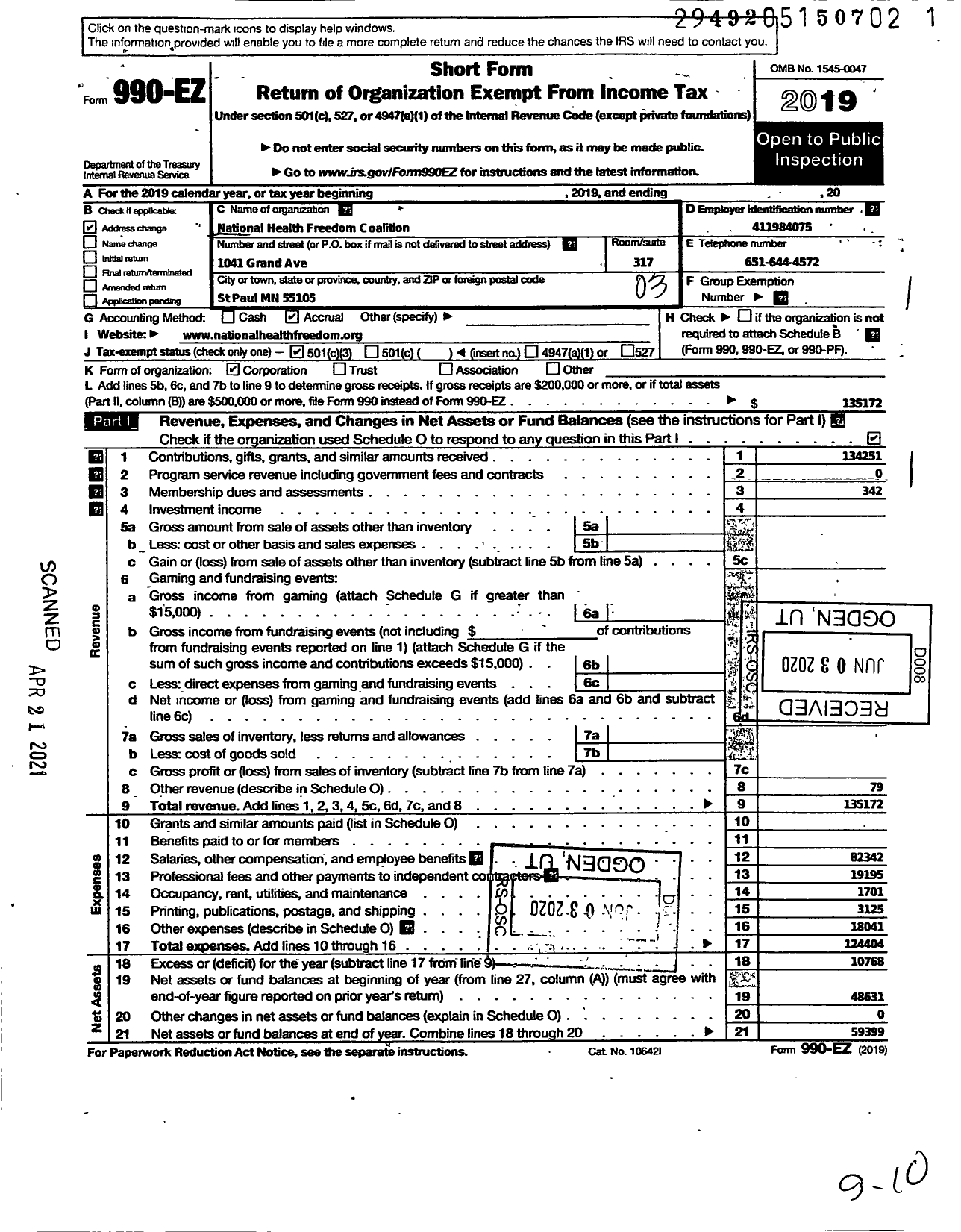 Image of first page of 2019 Form 990EZ for NATIONAL HEALTH FREEDOm COALITION