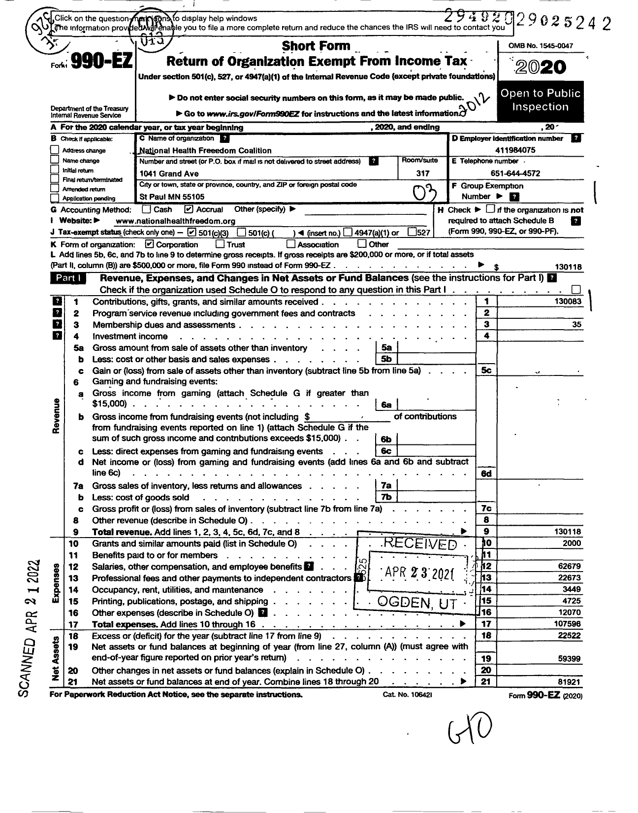 Image of first page of 2020 Form 990EZ for NATIONAL HEALTH FREEDOm COALITION