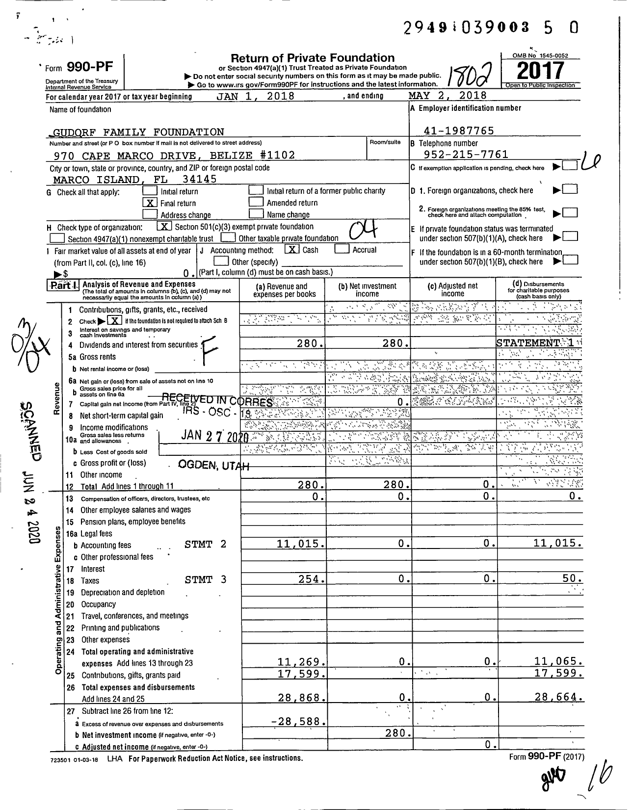 Image of first page of 2017 Form 990PR for Gudorf Family Foundation