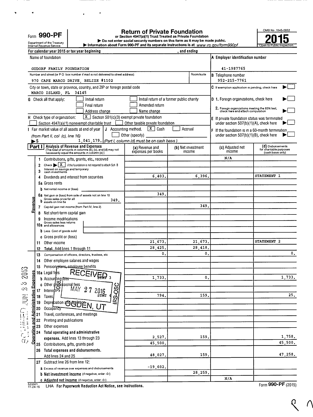 Image of first page of 2015 Form 990PF for Gudorf Family Foundation