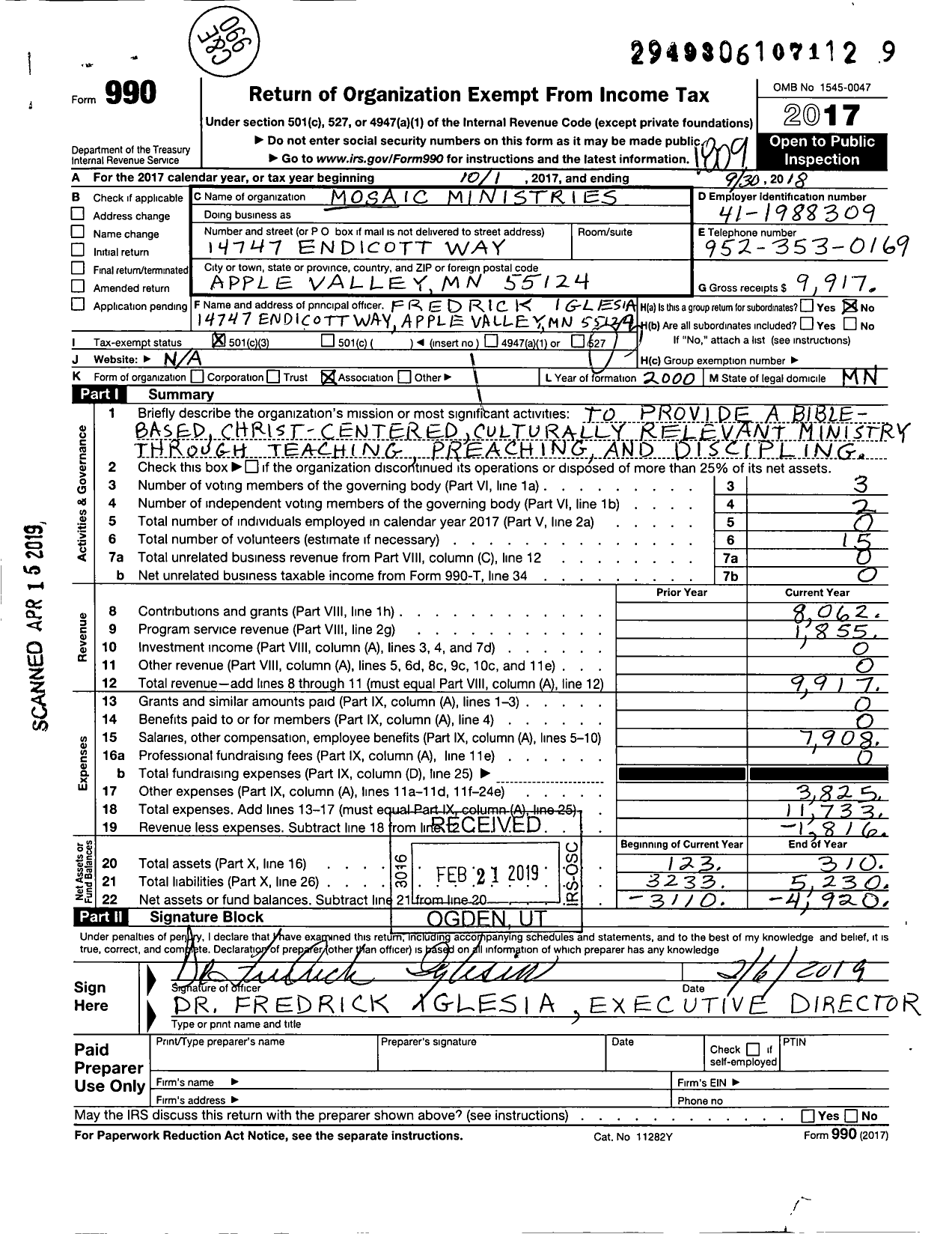 Image of first page of 2017 Form 990 for Mosaic Ministries