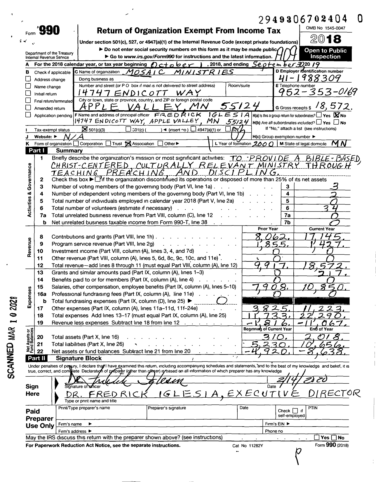 Image of first page of 2018 Form 990 for Mosaic Ministries