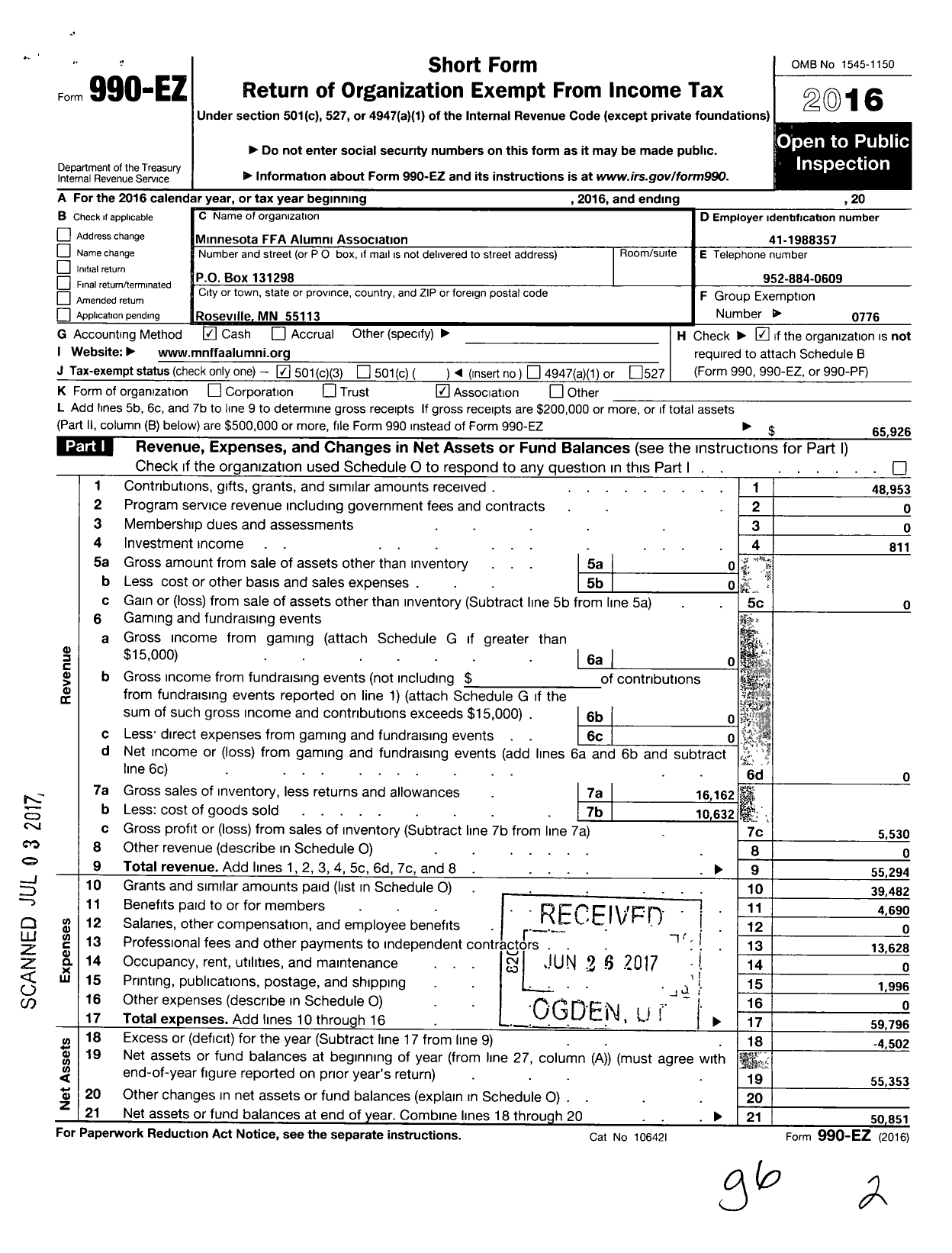 Image of first page of 2016 Form 990EZ for Minnesota Ffa Alumni Association