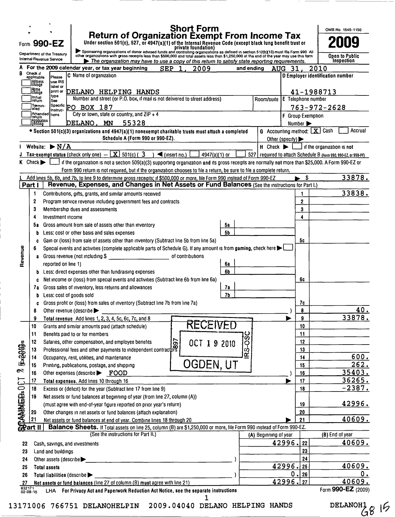 Image of first page of 2009 Form 990EZ for Delano Helping Hands