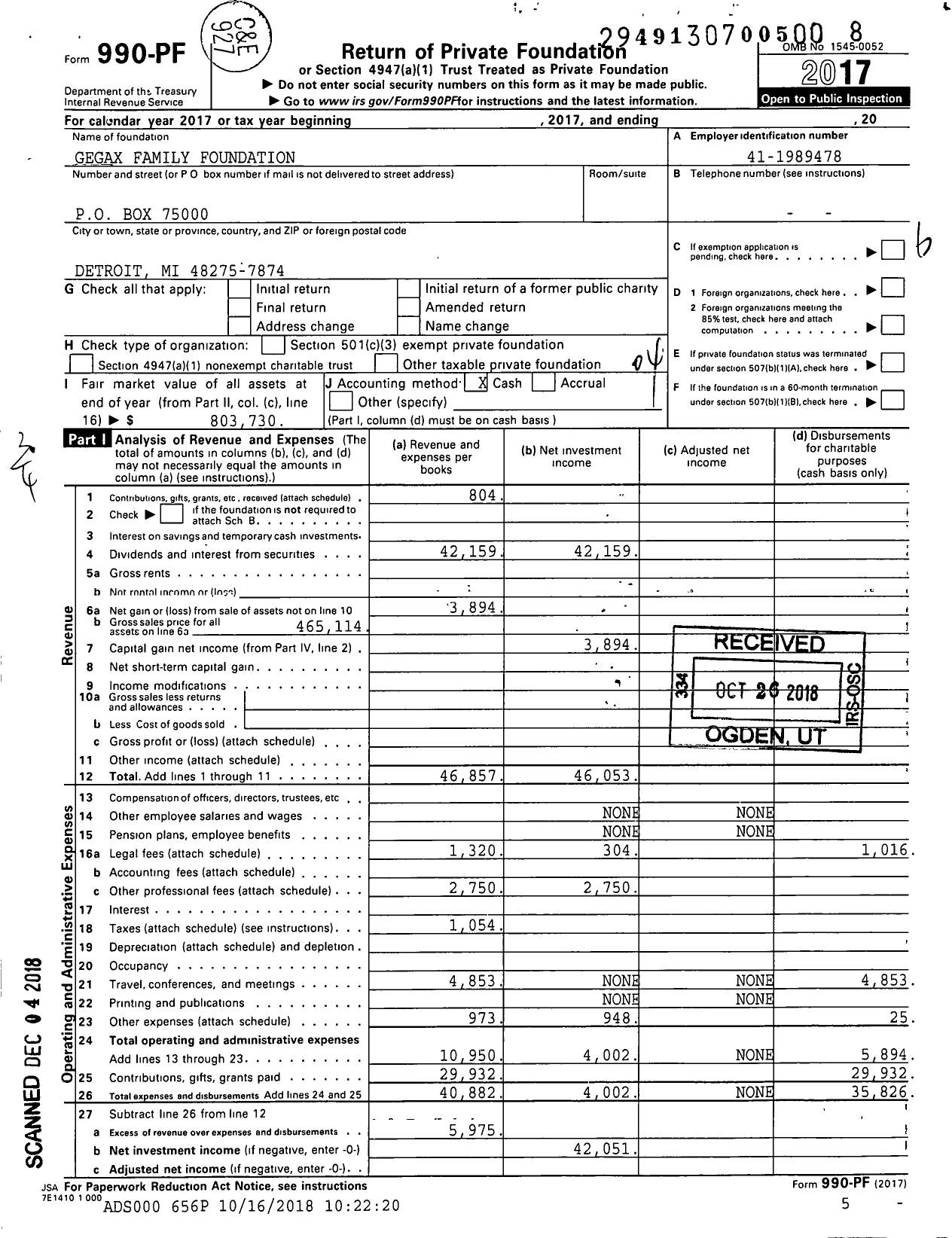 Image of first page of 2017 Form 990PF for Gegax Family Foundation