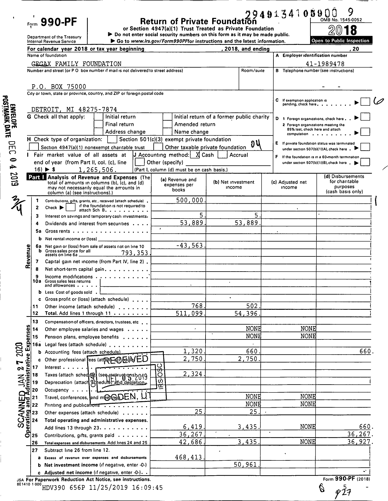 Image of first page of 2018 Form 990PF for Gegax Family Foundation