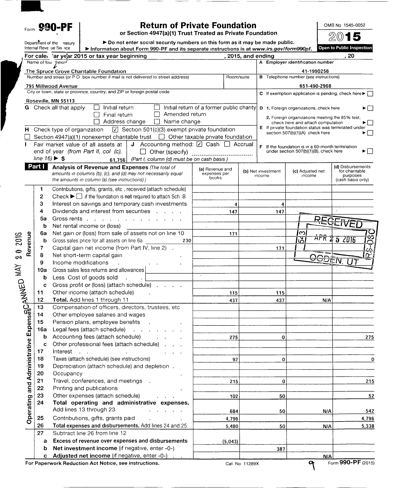 Image of first page of 2015 Form 990PF for The Spruce Grove Charitable Foundation