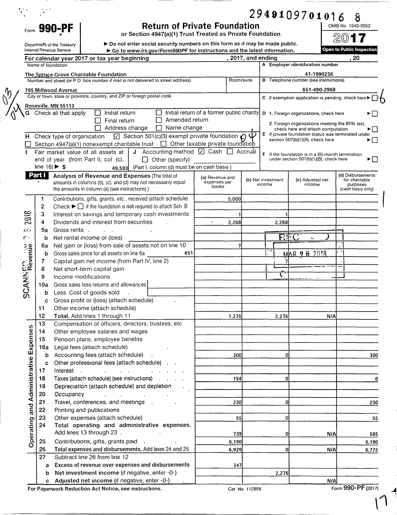 Image of first page of 2017 Form 990PF for The Spruce Grove Charitable Foundation