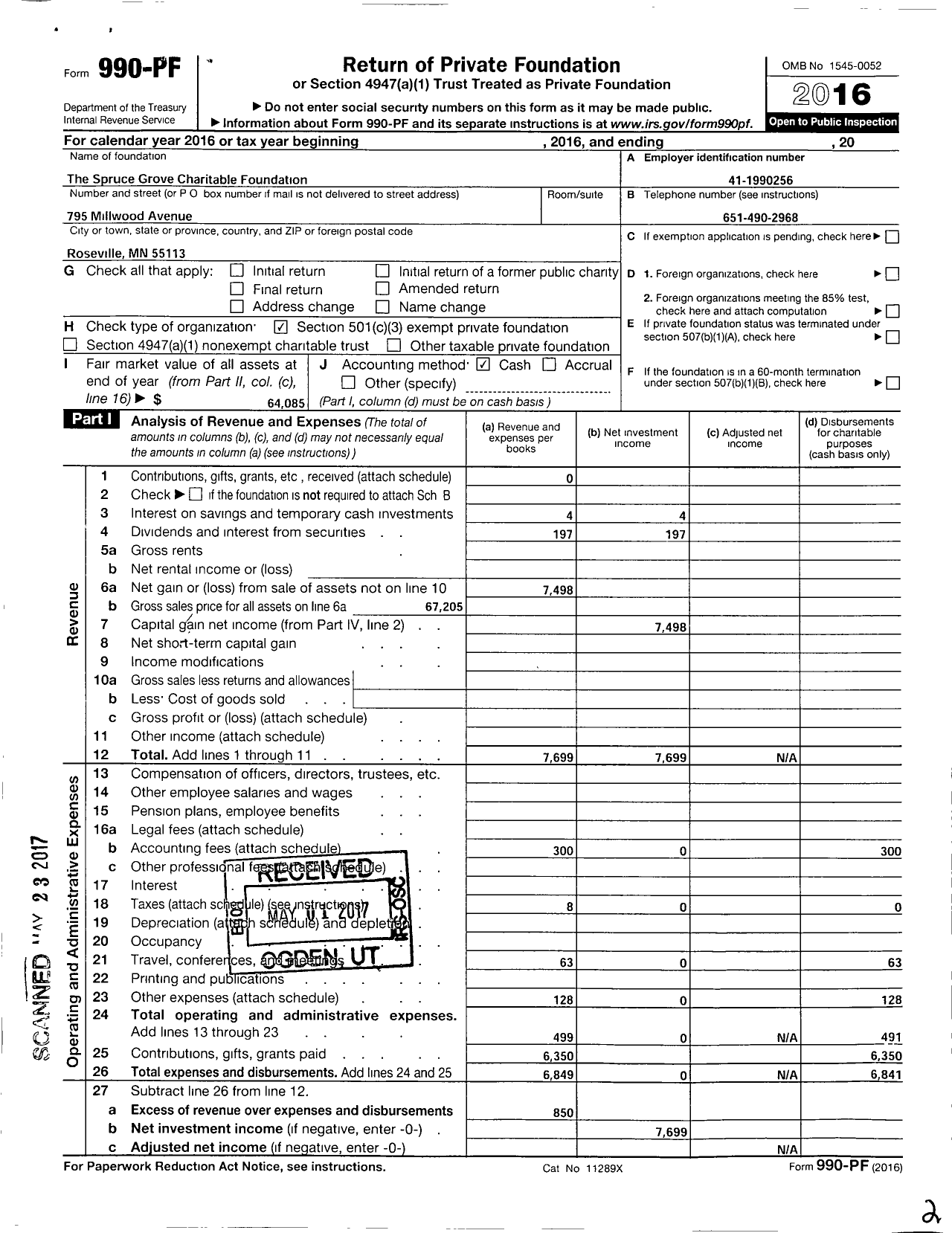 Image of first page of 2016 Form 990PF for The Spruce Grove Charitable Foundation