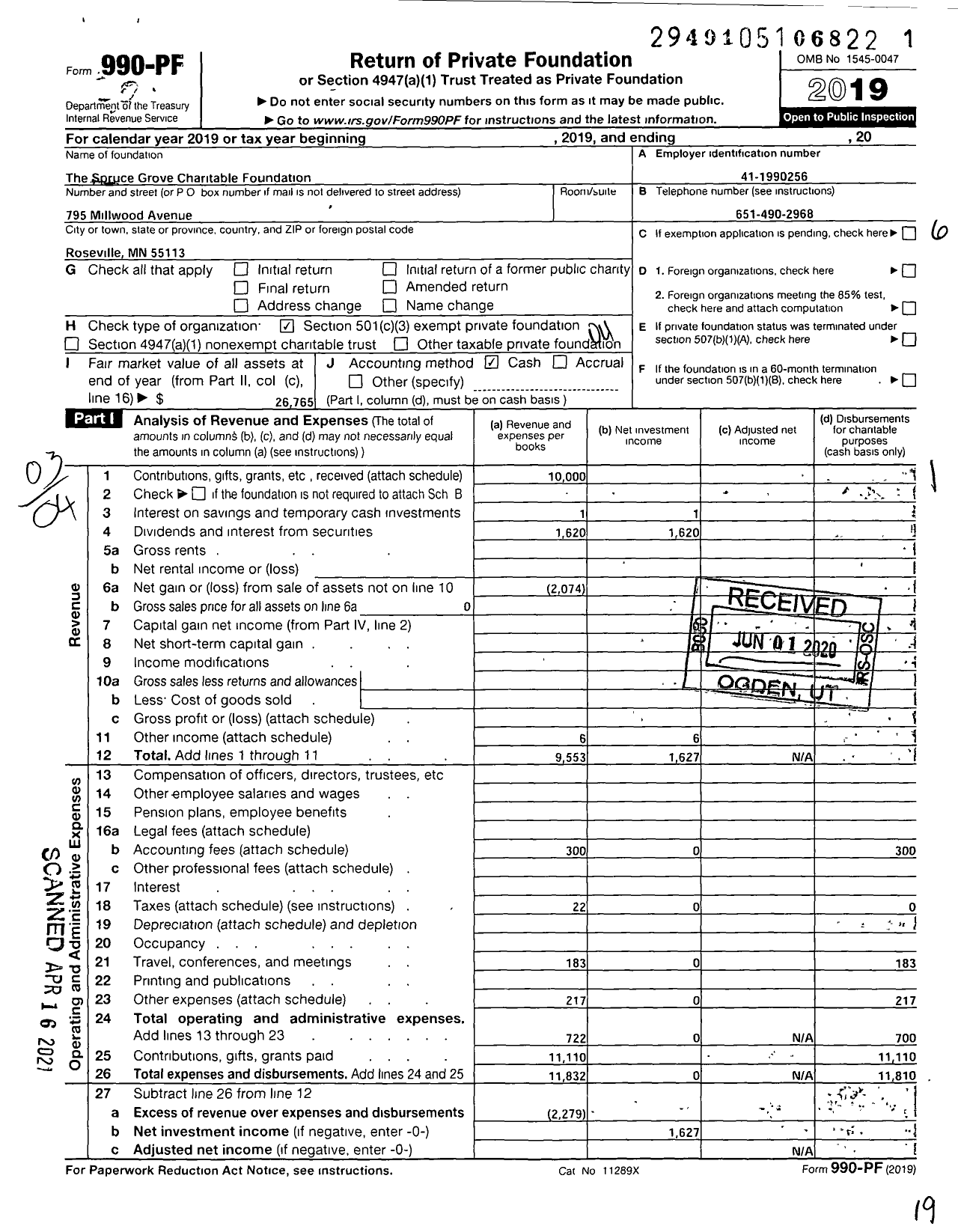 Image of first page of 2019 Form 990PF for The Spruce Grove Charitable Foundation