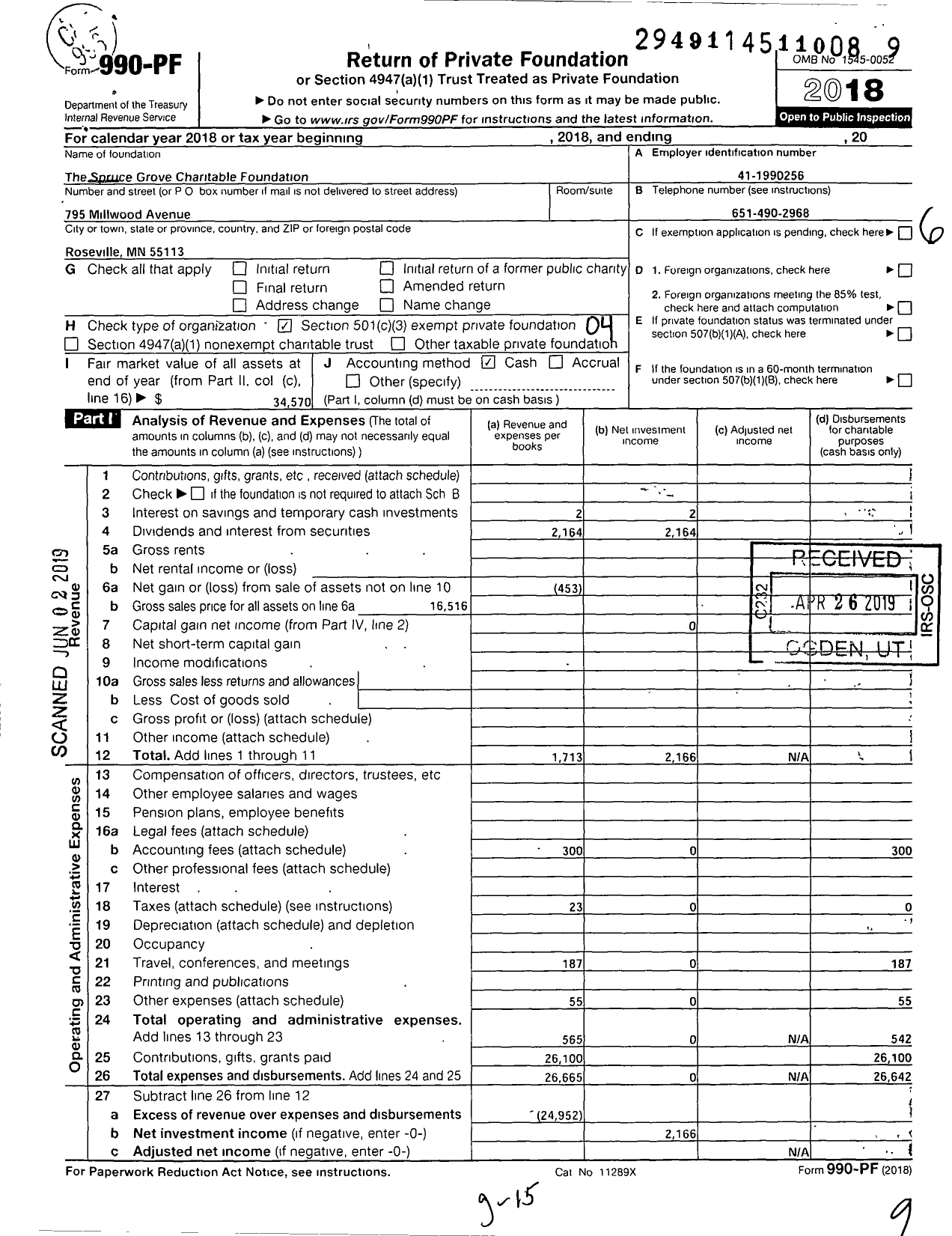 Image of first page of 2018 Form 990PF for The Spruce Grove Charitable Foundation