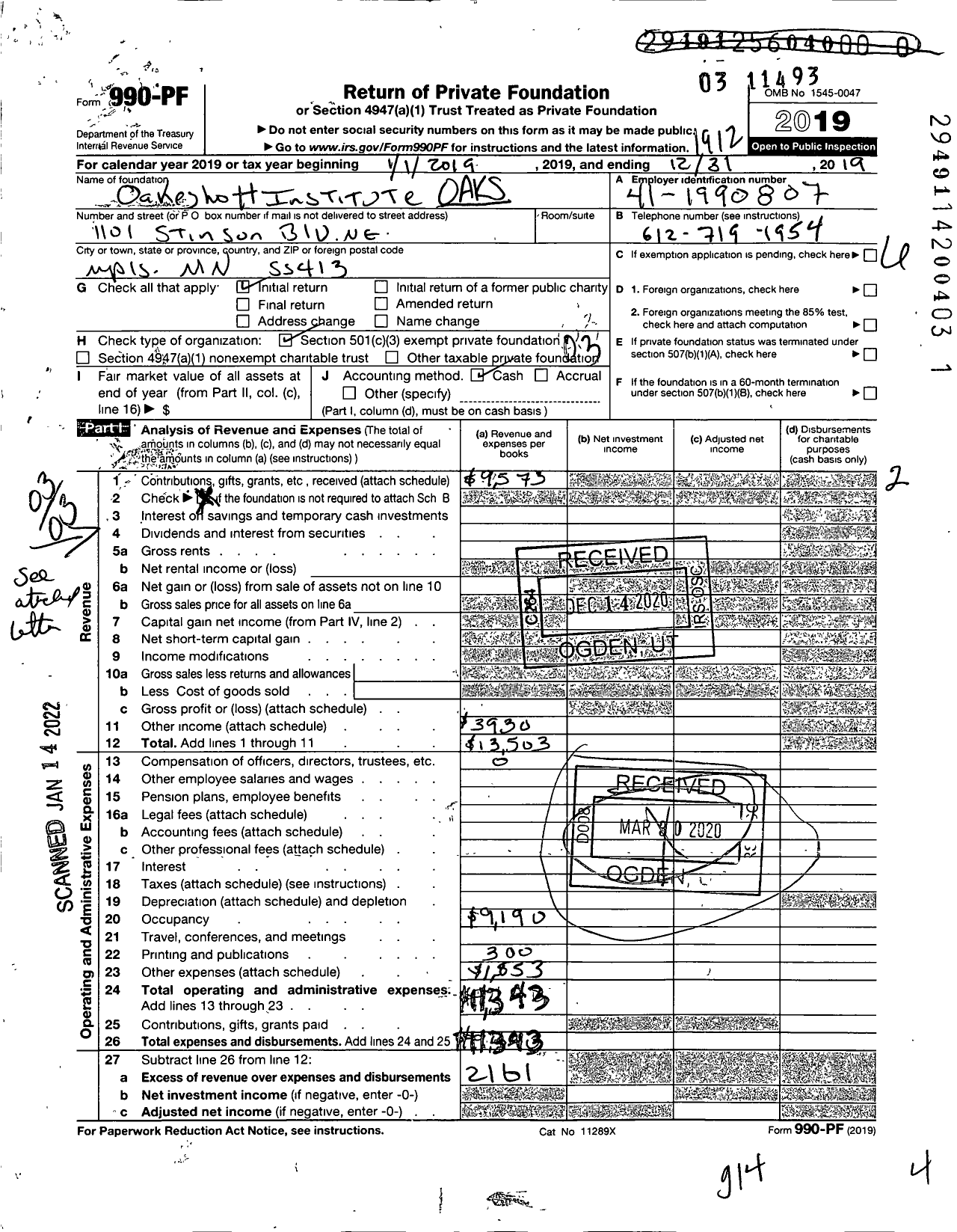 Image of first page of 2019 Form 990PF for Oakeshott Institute