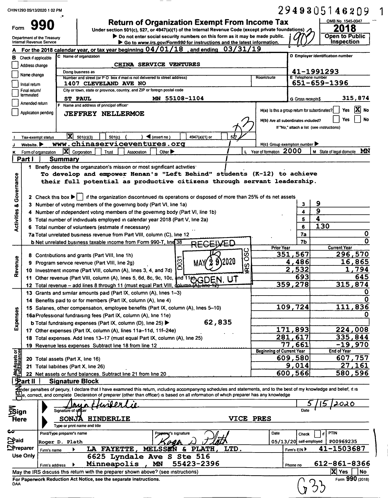 Image of first page of 2018 Form 990 for China Services Ventures