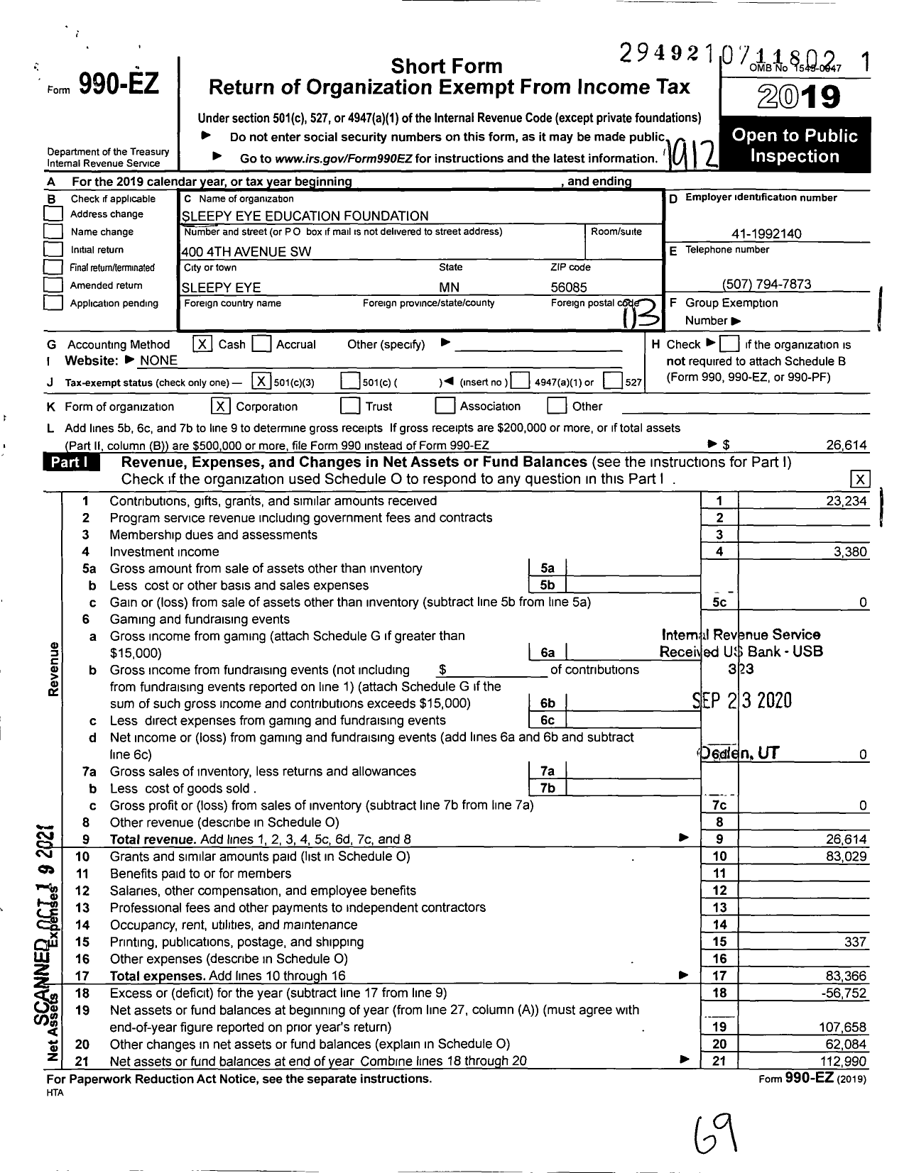 Image of first page of 2019 Form 990EZ for Sleepy Eye Education Foundation