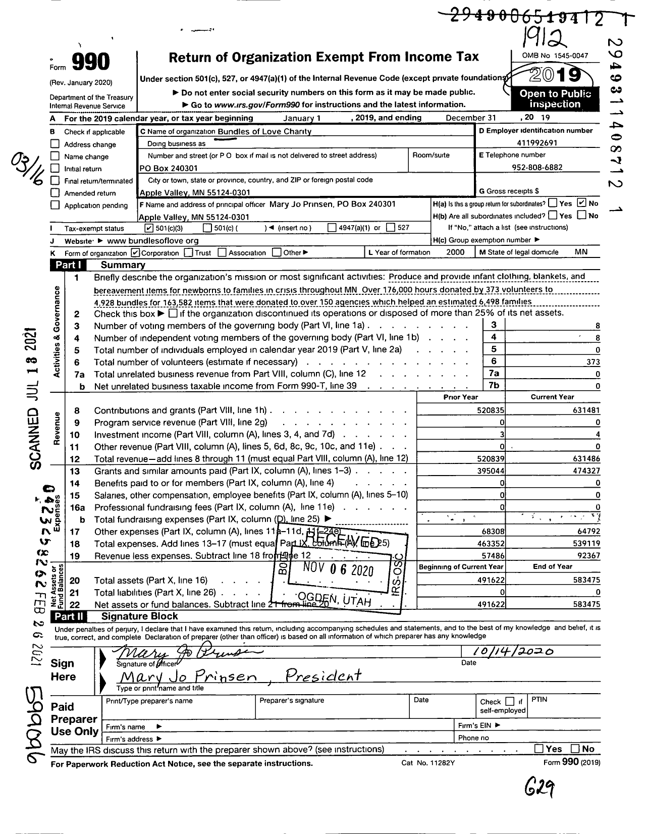 Image of first page of 2019 Form 990 for Bundles of Love