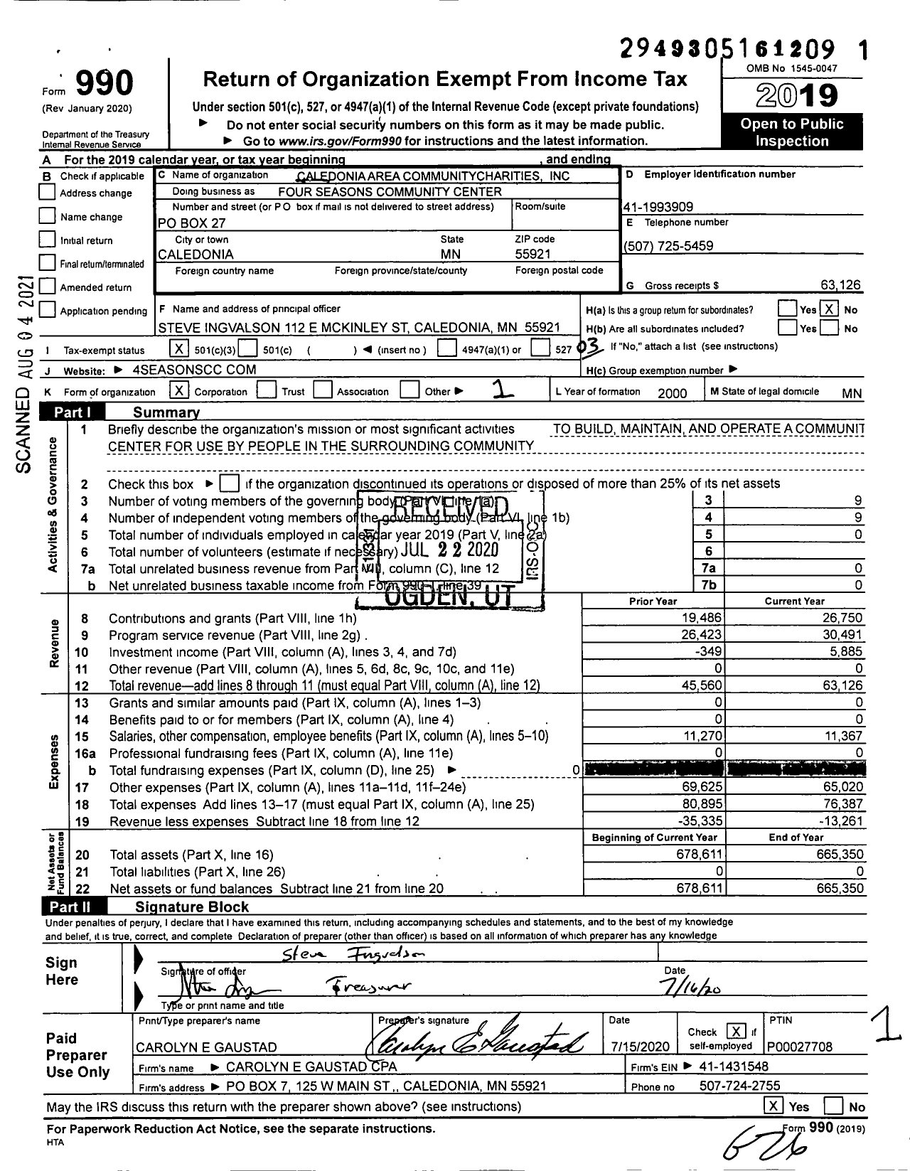 Image of first page of 2019 Form 990 for Four Seasons Community Center