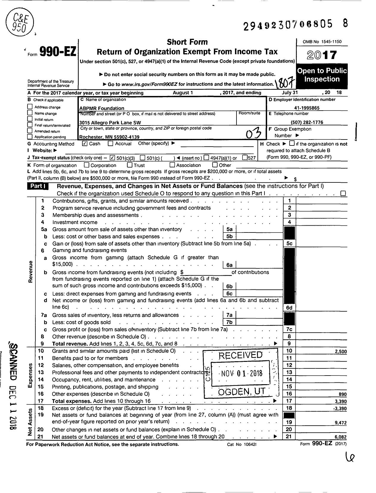 Image of first page of 2017 Form 990EZ for Abpmr Foundation