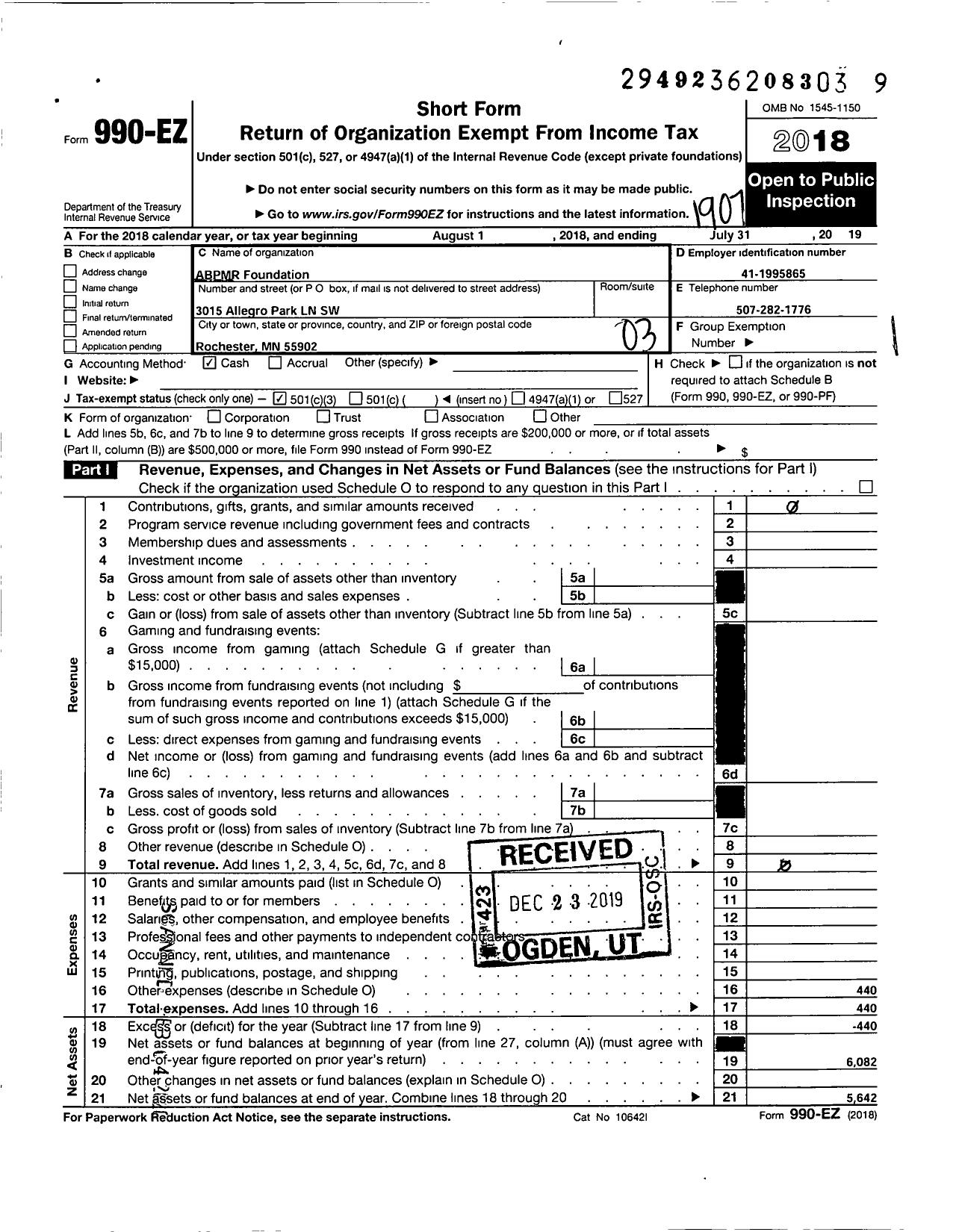 Image of first page of 2018 Form 990EZ for Abpmr Foundation