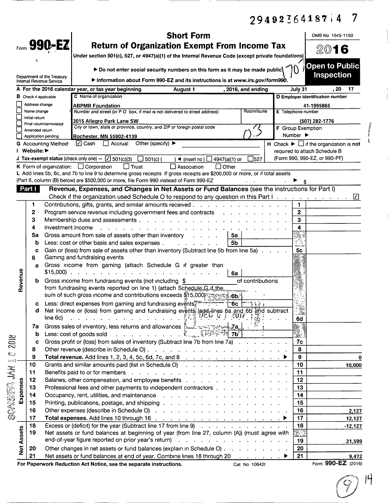 Image of first page of 2016 Form 990EZ for Abpmr Foundation