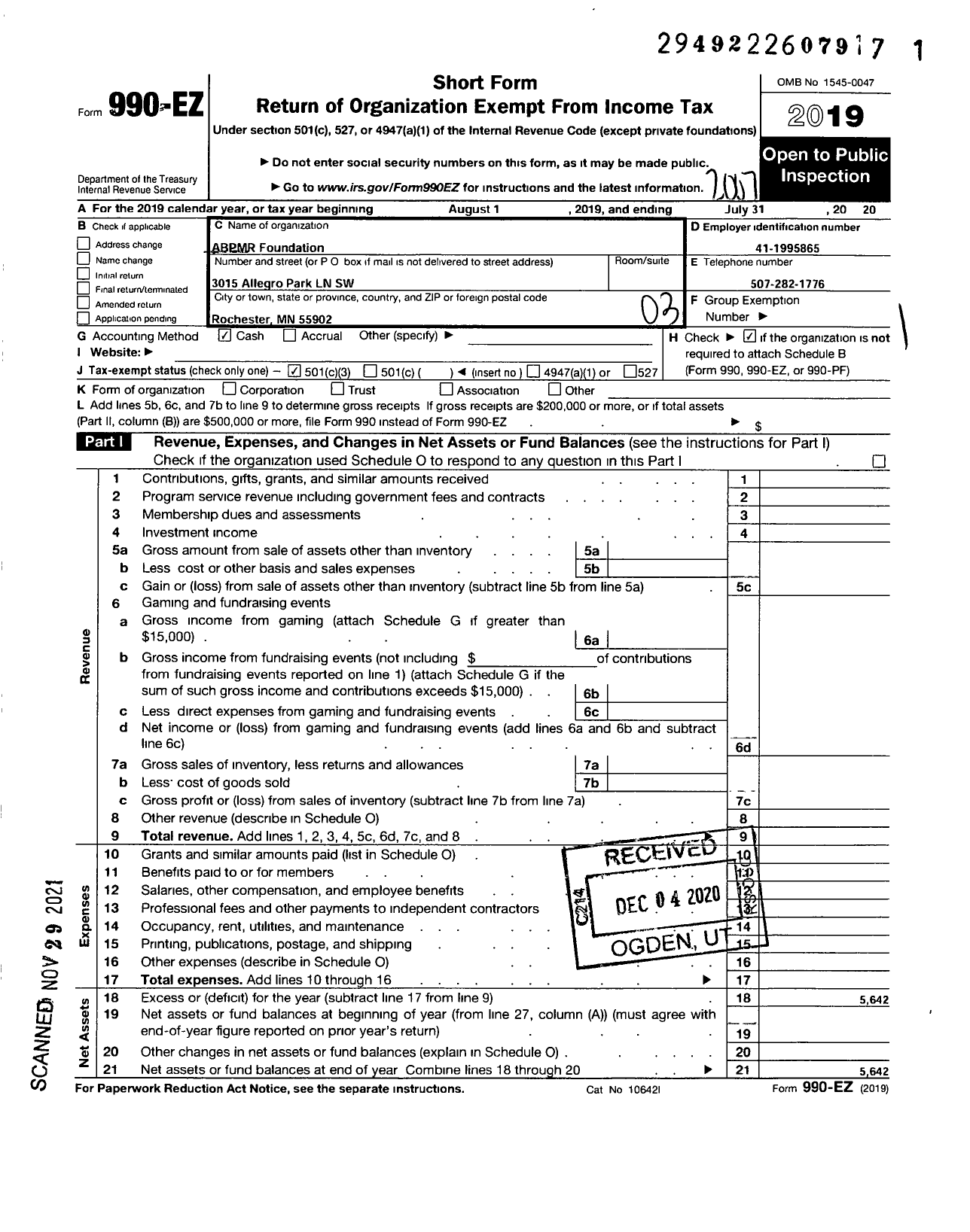 Image of first page of 2019 Form 990EZ for Abpmr Foundation