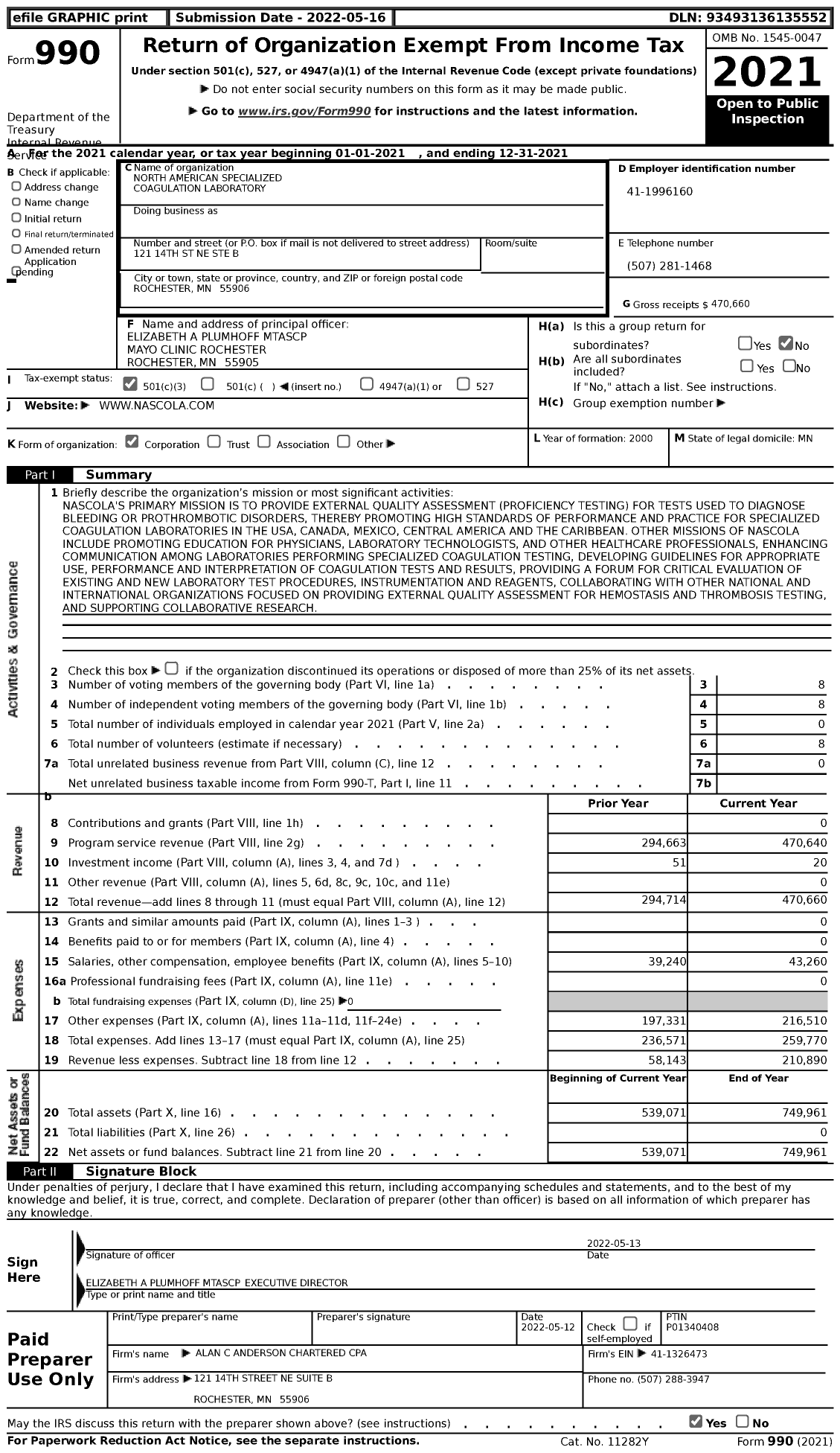 Image of first page of 2021 Form 990 for North American Specialized Coagulation Laboratory