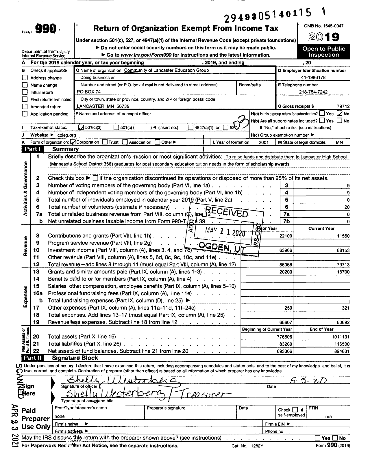 Image of first page of 2019 Form 990 for Community of Lancaster Education Group