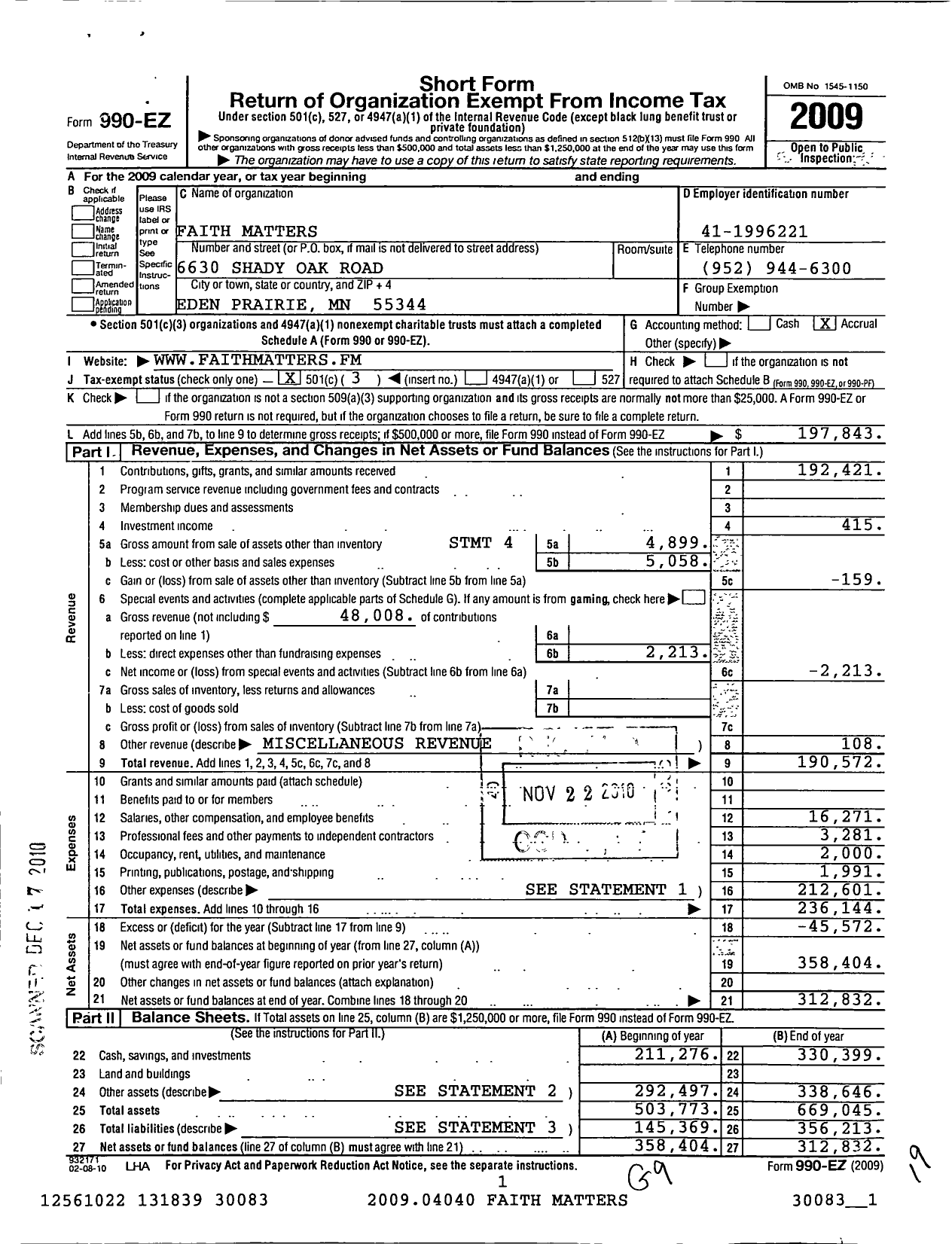 Image of first page of 2009 Form 990EZ for Faith Matters