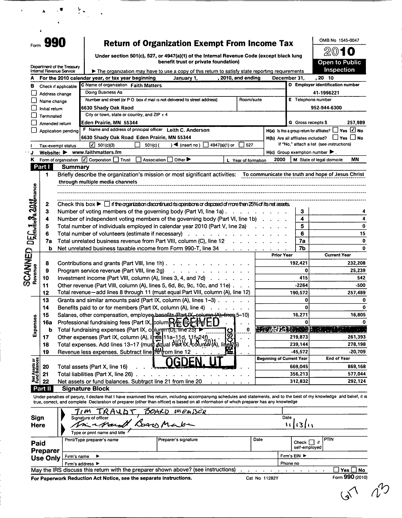 Image of first page of 2010 Form 990 for Faith Matters