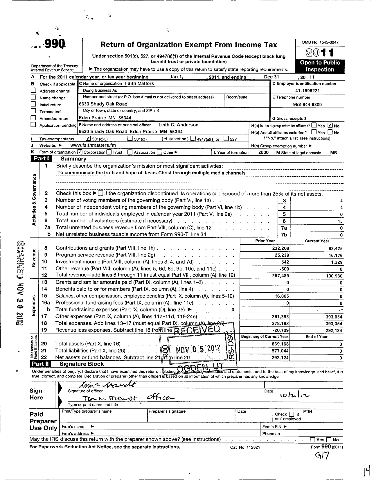 Image of first page of 2011 Form 990 for Faith Matters