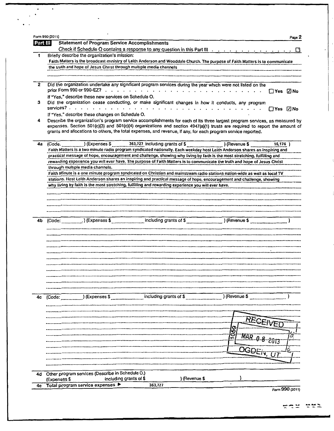 Image of first page of 2011 Form 990R for Faith Matters