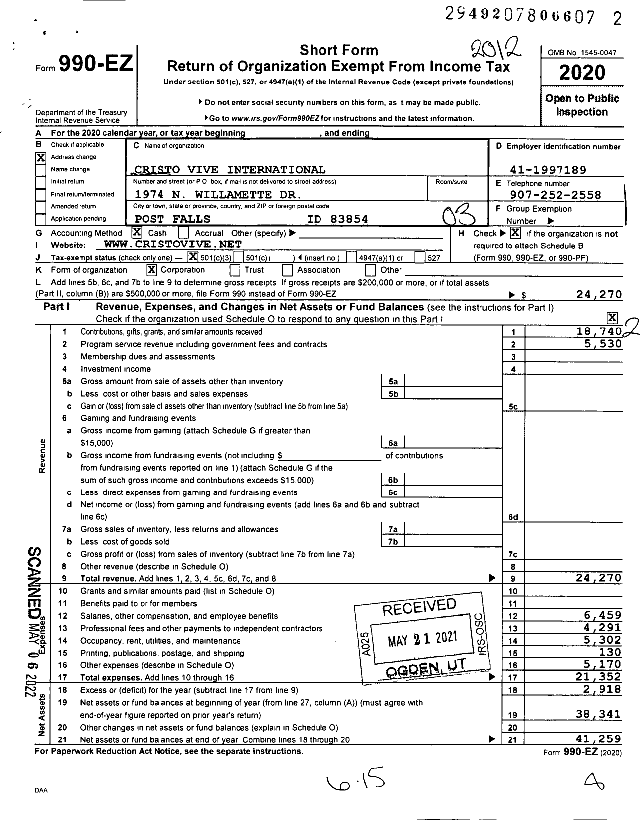 Image of first page of 2020 Form 990EZ for Cristo Vive International