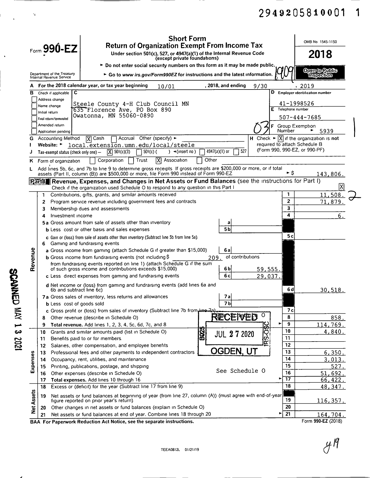 Image of first page of 2018 Form 990EZ for Steele County 4-H Club Council MN