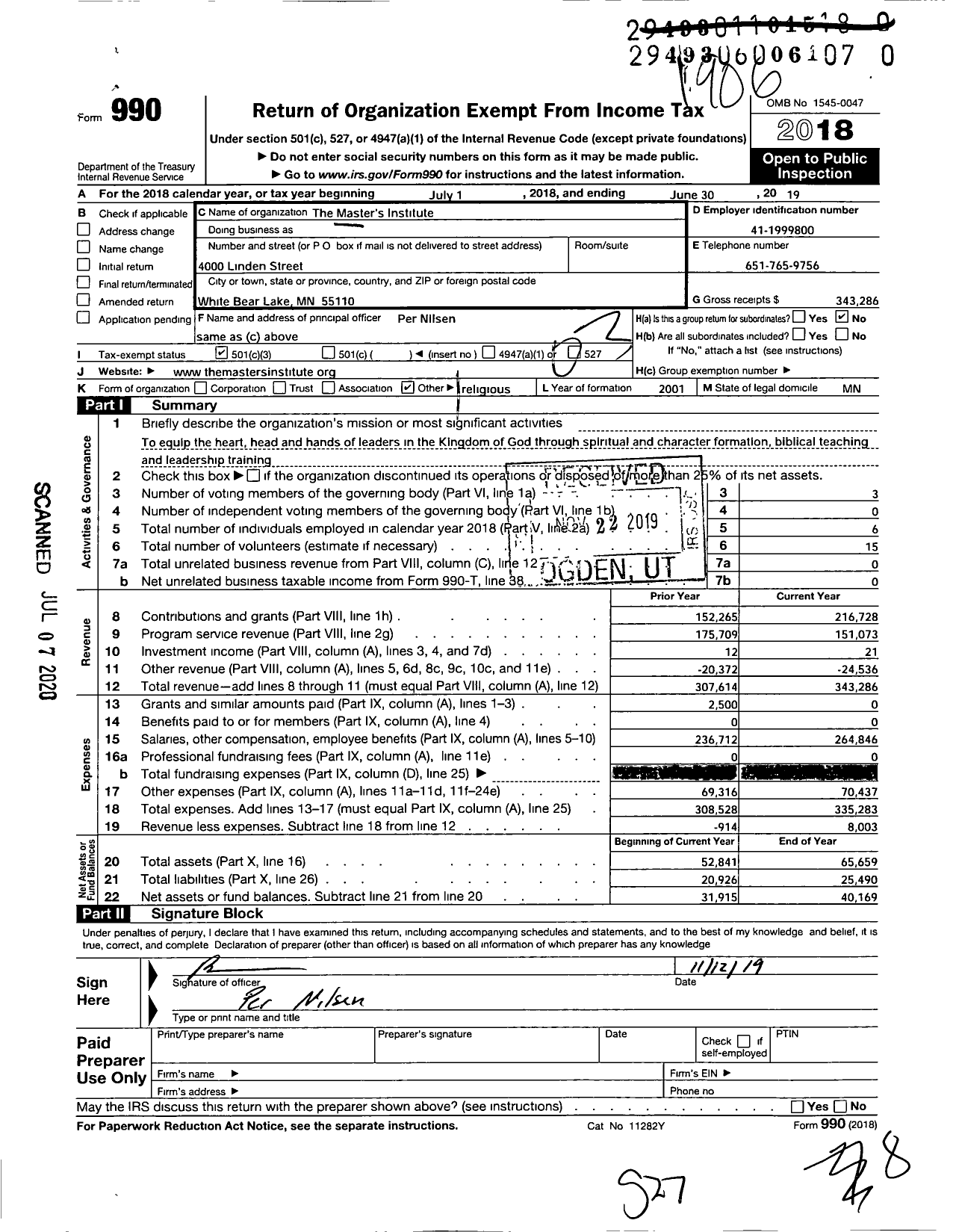 Image of first page of 2018 Form 990 for The Master's Institute
