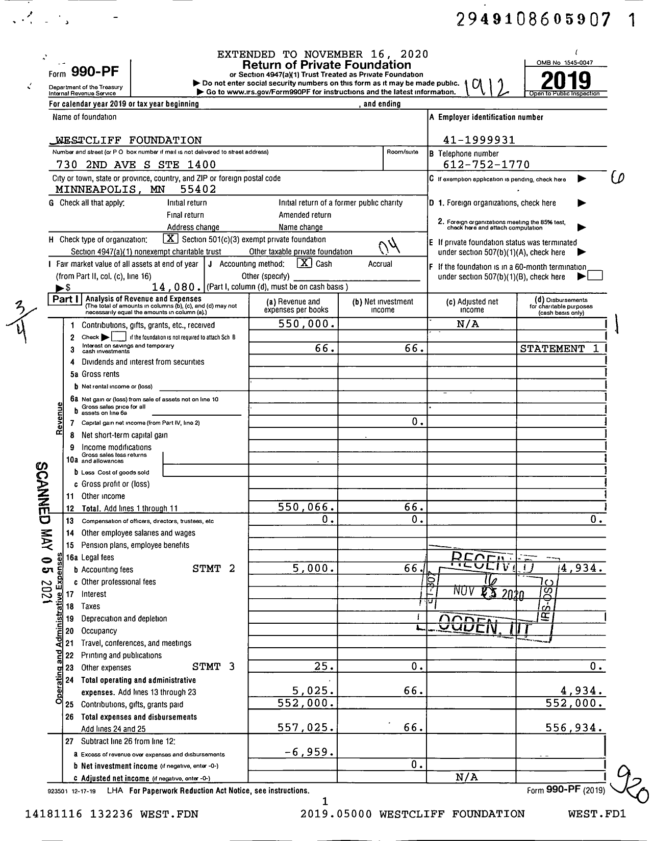 Image of first page of 2019 Form 990PF for Westcliff Foundation