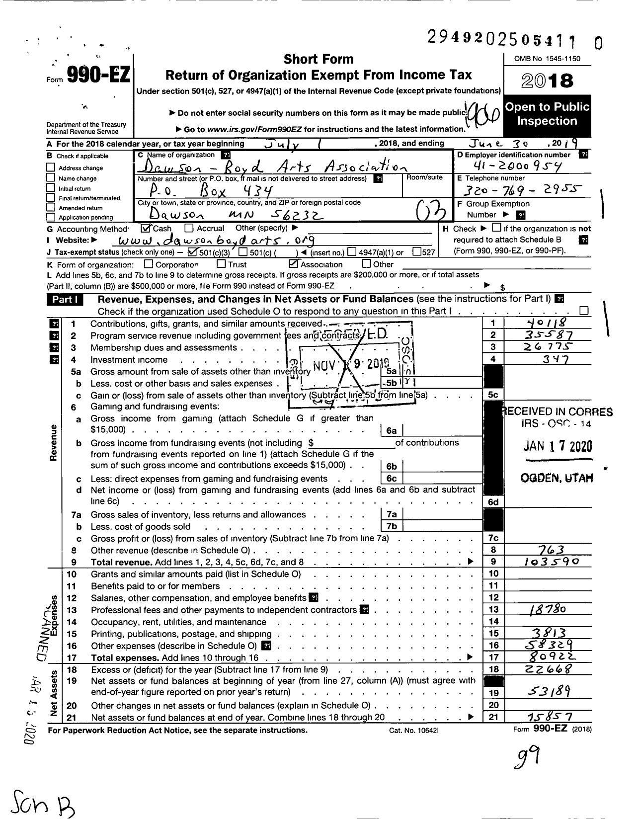 Image of first page of 2018 Form 990EZ for Dawson-Boyd Arts Association