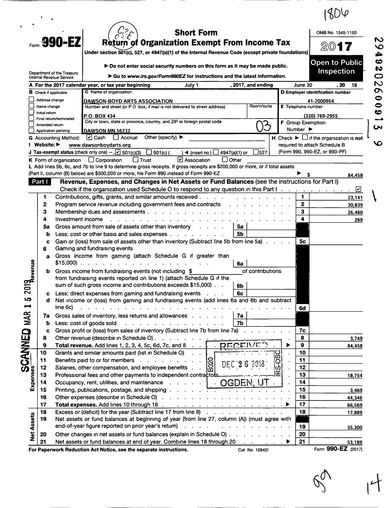 Image of first page of 2017 Form 990EZ for Dawson-Boyd Arts Association