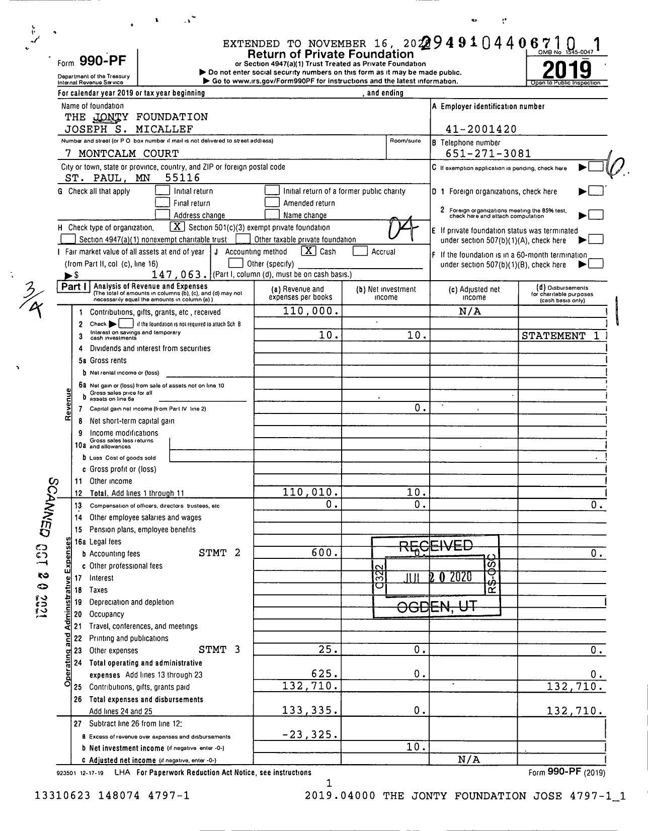 Image of first page of 2019 Form 990PF for The Jonty Foundation Joseph S Micallef