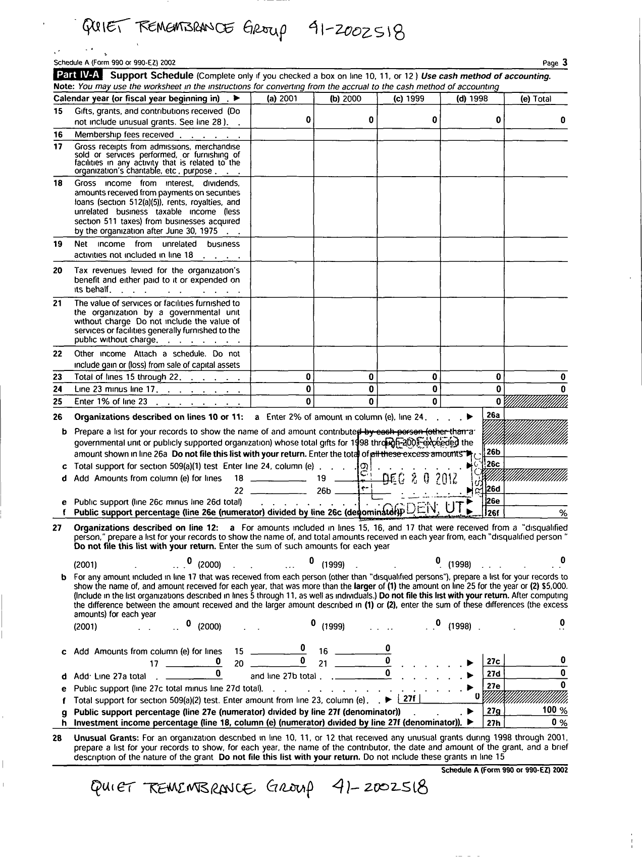 Image of first page of 2002 Form 990ER for Quiet Remembrance Group