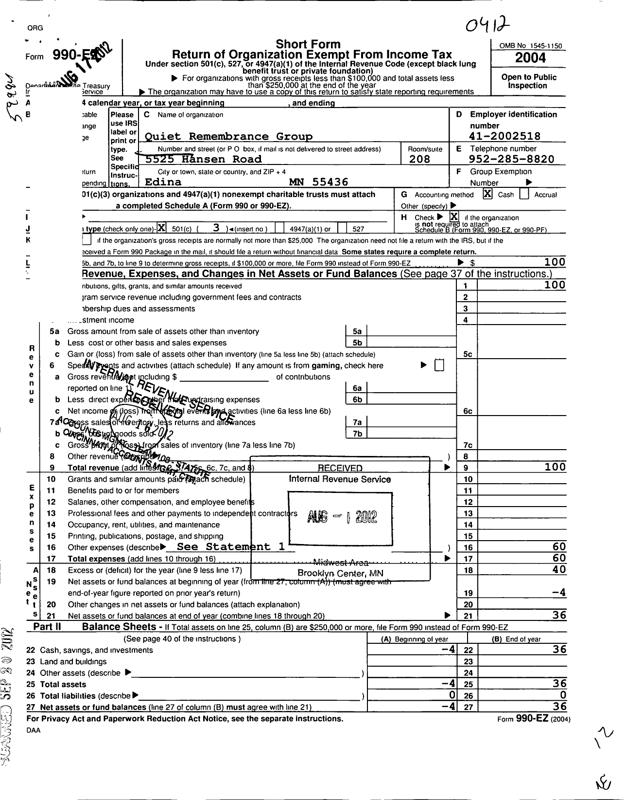 Image of first page of 2004 Form 990EZ for Quiet Remembrance Group