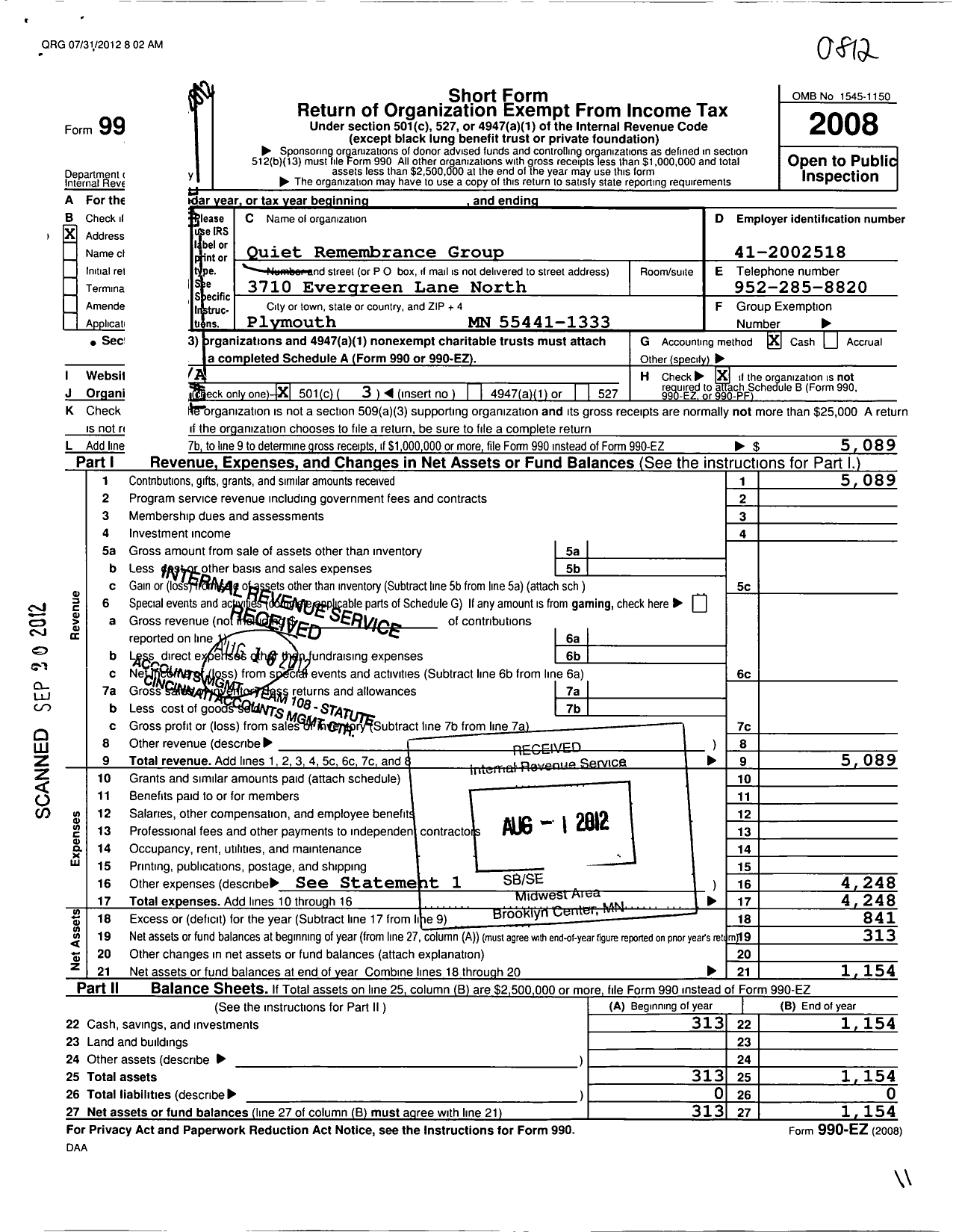 Image of first page of 2008 Form 990EZ for Quiet Remembrance Group