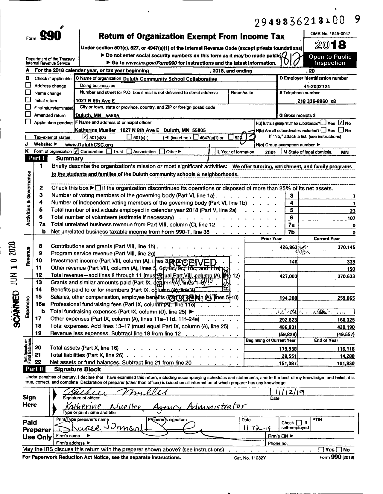 Image of first page of 2018 Form 990 for Duluth Community School Collaborative